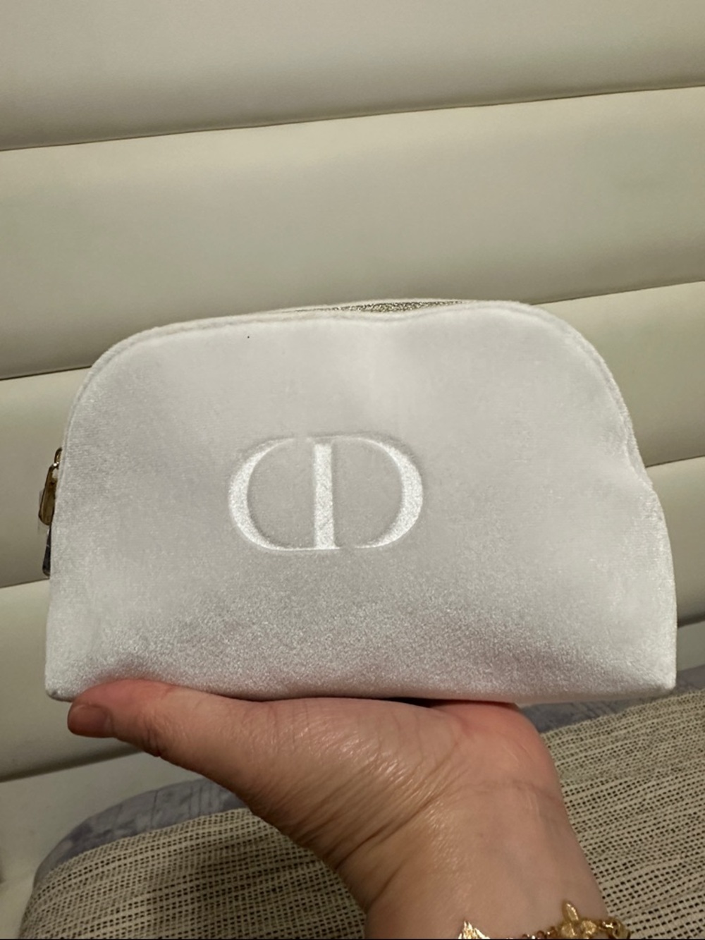 White Velvet Cosmetic Pouch with Embossed Logo - Picture 7 of 8